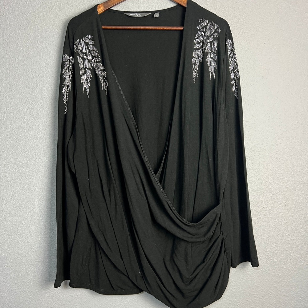 Ulla Popken Black Embellished Sparkly Faux Wrap‎ Top Plus Size Blouse Sz 24/26